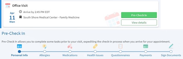 A screenshot of South Shore Health's MyChart platform