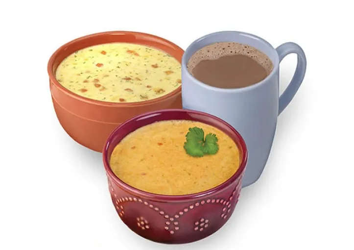 A variety pack of hot meal replacement soups and beverages