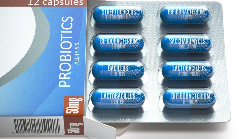 A blister pack of probiotic supplements featuring each supplement's name