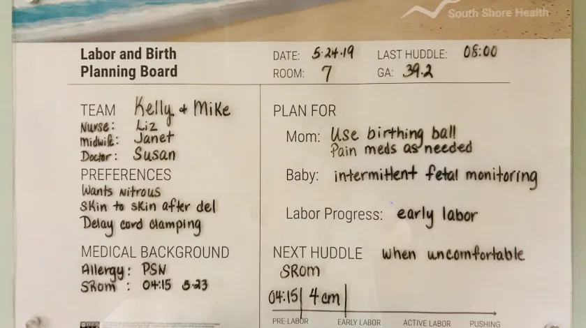 The Team Birth Whiteboard at South Shore Health