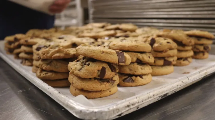 A sheet of freshly baked chocolate chip cookies at South Shore Hospital