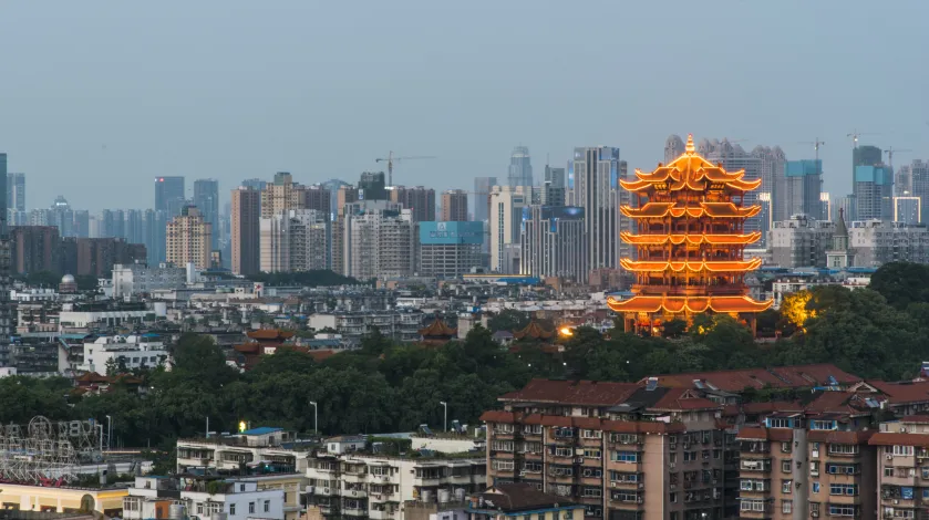 A scenic view of the city of Wuhan, China, featuring the Yellow Tower