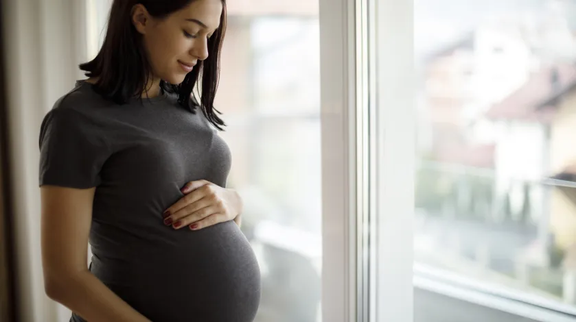 a pregnant woman holds her stomach while looking out the window