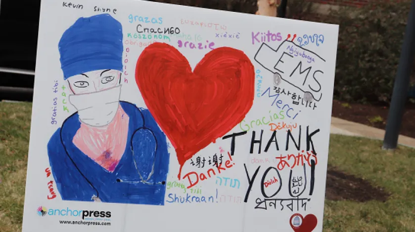 A homemade sign showing support for workers at South Shore Hospital