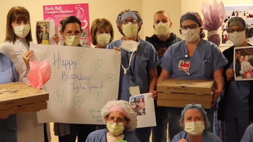 The maternity ward at South Shore Hospital gets together to celebrate the 10th birthday of Lyla Jane, who was born at the hospital in 2010.