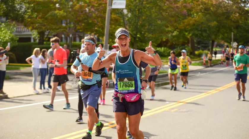 A runner from Team South Shore Health in the 2021 Boston Marathon.