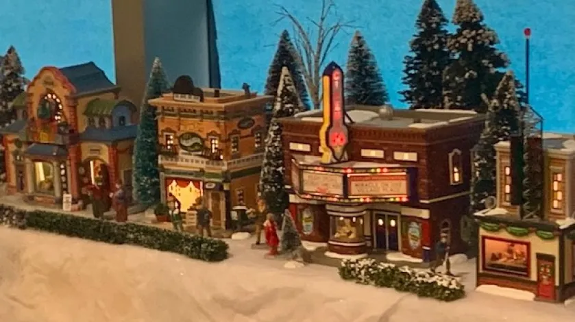 Festive buildings in a holiday village display