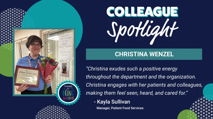 A graphic reading "Colleague Spotlight: Christina Wenzel" with a photo of Christina holding flowers and a certificate.