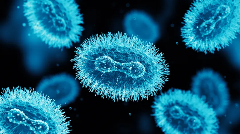 An artistic rendering of the monkeypox virus under a microscope featuring light blue cells on a dark background.