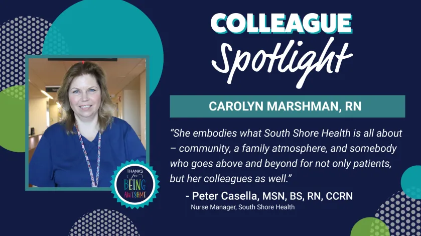 A Colleague Spotlight featuring a photo of Carolyn Marshman, RN and colorful decorative graphics