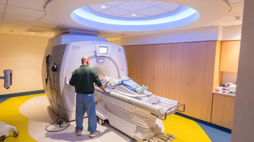 An MRI technologist prepares a patient for a scan