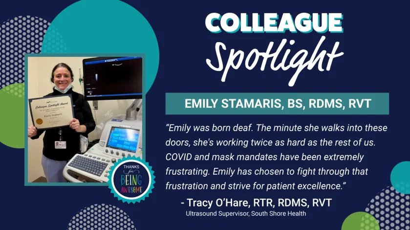 Colleague Spotlight graphic featuring a photo of Emily Stamaris of South Shore Hospital