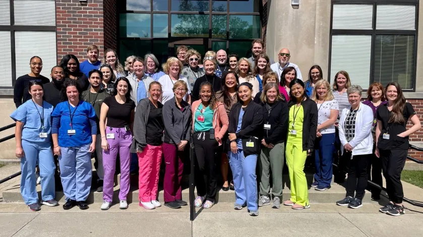 A group photo of South Shore Health's Respiratory and Lab Teams taken at South Shore Hospital