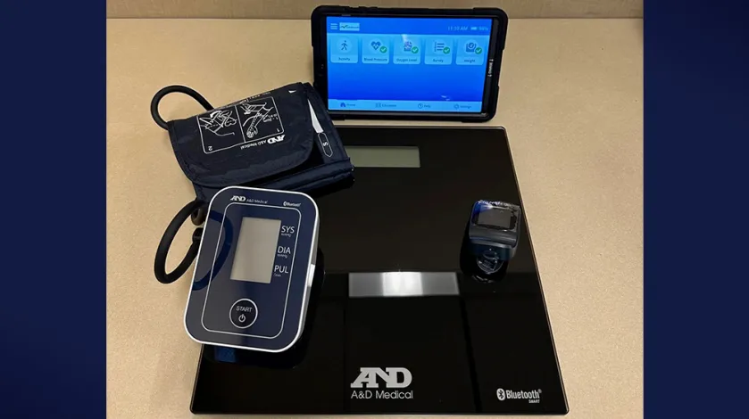 The standard equipment used for telehealth patients includes a scale, pulse oximeter, blood pressure cuff, and a tablet