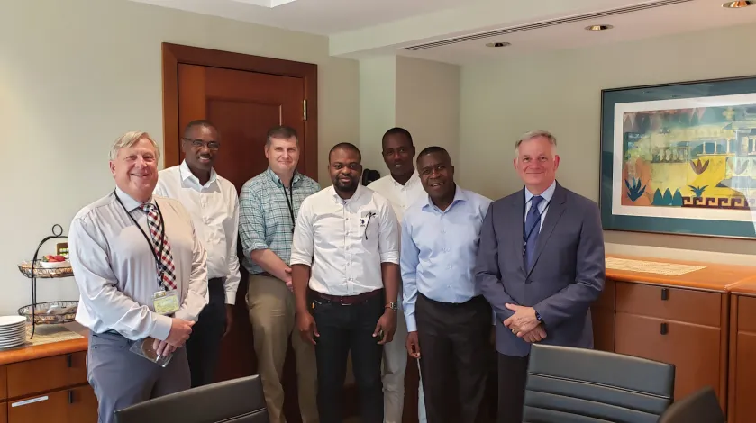 l-r Phil Jordan, Executive Director, Supply Chain, South Shore Health; Ivorian business leaders Demba Dia, Michael Kone, Cheikh Dia; Raymond Koffi, Director, Afrimed Network (Africa); Art Mombourquette, Vice President Emergency Medicine and Support Services, South Shore Health.