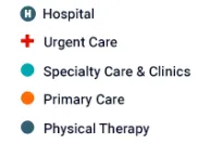 Legend to show Hospitals, Urgent Care, Specialty Clinics, Primary Care and Physical Therapy