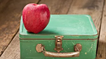 Lunch box with apple sitting on top