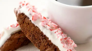 Chocolate Peppermint Biscotti next to cup of coffee