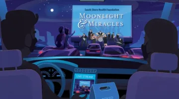 Promotional Image for the South Shore Health Foundation's 2020 Moonlight and Miracles Gala showed a cartoon of a drive-in scene from the perspective of the inside of one of the vehicles.