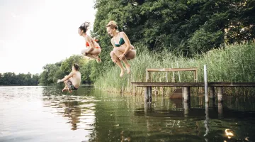 Three smiling teenagers jump from a dock into a lake, enjoying a nice swim.