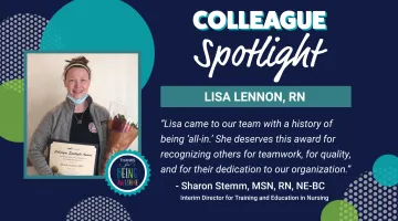 Lisa Lennon, RN of South Shore Hospital poses for a photo with her Colleague Spotlight Award.