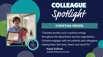 A graphic reading "Colleague Spotlight: Christina Wenzel" with a photo of Christina holding flowers and a certificate.