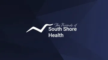 A white "Friends of South Shore Health" logo on a patterned navy blue background.