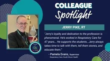 A photo of South Shore Health's Jerry Pike, featuring "Colleague Spotlight" text and colors.