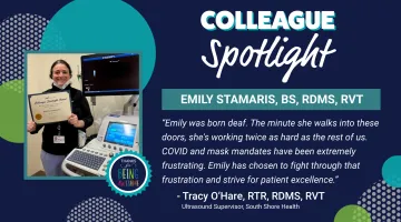 Colleague Spotlight graphic featuring a photo of Emily Stamaris of South Shore Hospital
