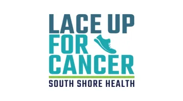 A logo for South Shore Health's cancer fundraiser featuring teal text reading "Lace up for cancer - south shore health" and a shoe graphic