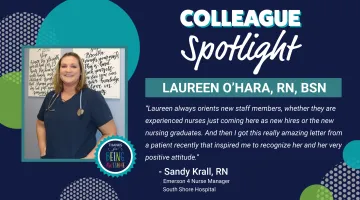 A photo of Laureen O'Hara of South Shore Hospital with "Colleague Spotlight" text and colorful shape graphics.