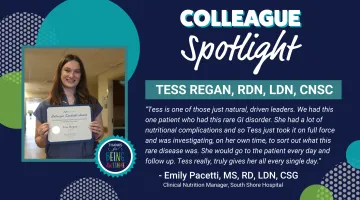 A graphic featuring a photo of Tess Regan of South Shore Hospital along with Colleague Spotlight text.