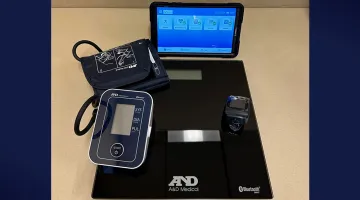 The standard equipment used for telehealth patients includes a scale, pulse oximeter, blood pressure cuff, and a tablet
