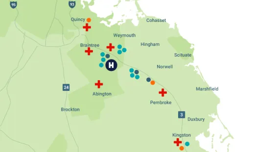Map showing Hospital Locations in the greater Boston Area